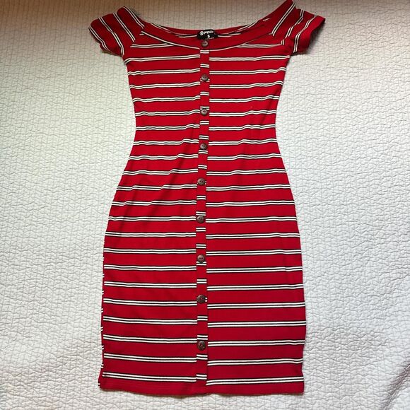 Popular 21 Off the Shoulder Women's Red Striped T Shirt Dress Size Small - Picture 1 of 3